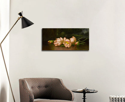 Lotus Flowers: A Landscape Painting in the Background - by Martin Johnson Heade