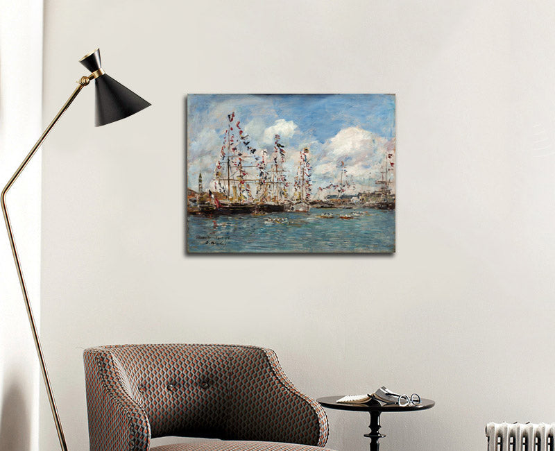 Boats Decorated with Flags in the Port of Deauville (Bateaux pavoisés dans le bassin, Deauville) - by Eugène Boudin