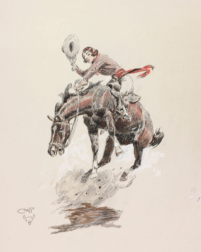 Bucking Horse and Cowgirl - by Charles Marion Russell