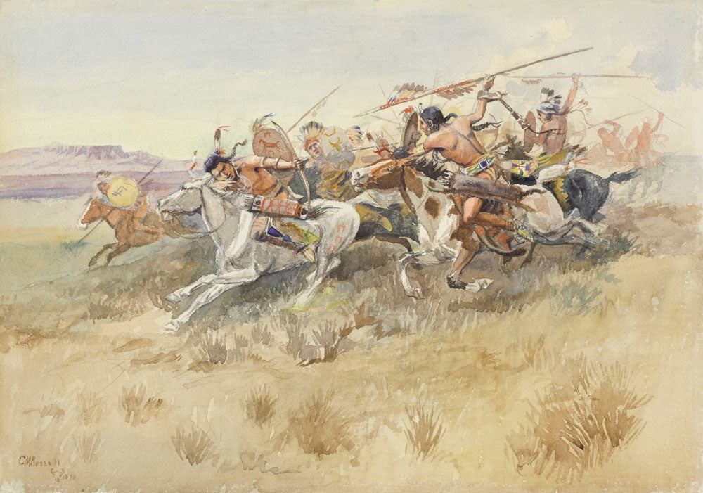 Running Fight Between Crees and Blackfeet, Old Style Warfare - by Charles Marion Russell