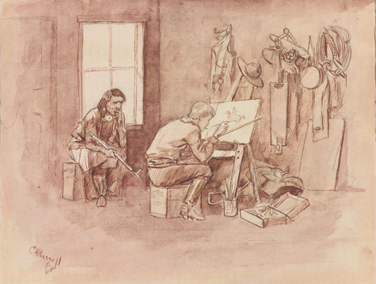 Contrast in Artist's Salons--Charlie Painting in His Cabin - by Charles Marion Russell