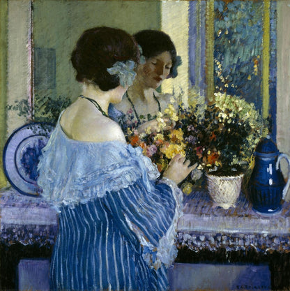 Girl in Blue Arranging Flowers - by Frederick Carl Frieseke