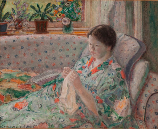 Girl Sewing (The Chinese Robe) - by Frederick Carl Frieseke