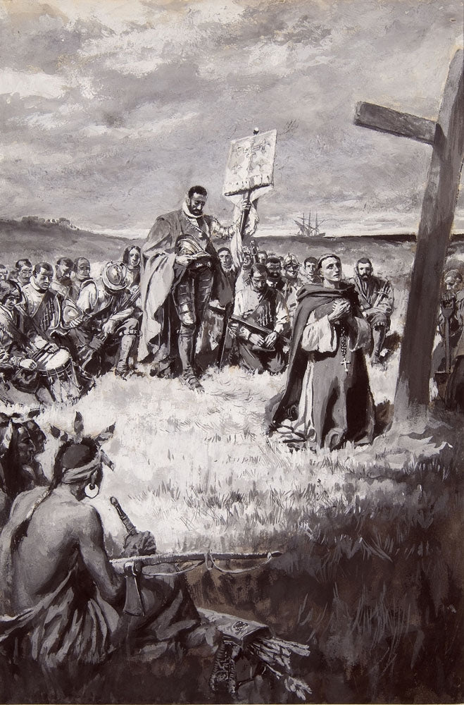 Jacques Cartier setting up a cross at Gaspe - by Howard Pyle