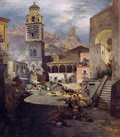 Market square of Amalfi - by Oswald Achenbach