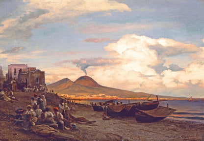 Beach scene with resting women and men in the Gulf of Naples - by Oswald Achenbach