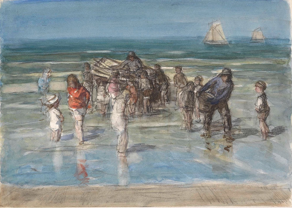 Vissersschuit, omgeven door kinderen, op het strand van Scheveningen - by Johan Antoni de Jonge