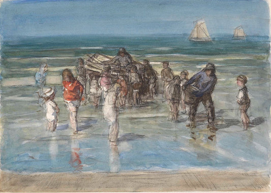 Vissersschuit, omgeven door kinderen, op het strand van Scheveningen - by Johan Antoni de Jonge