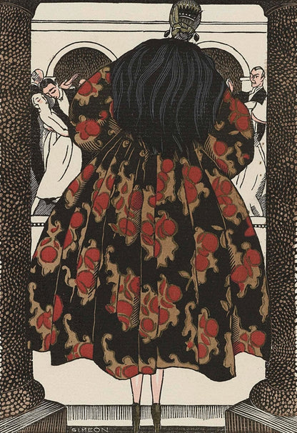 Gazette du Bon Ton, 1921 - No. 1, Pl. 3: Le plaisir a la mode / Manteau du soir, en tissu de Bianchini - by Fernand Siméon