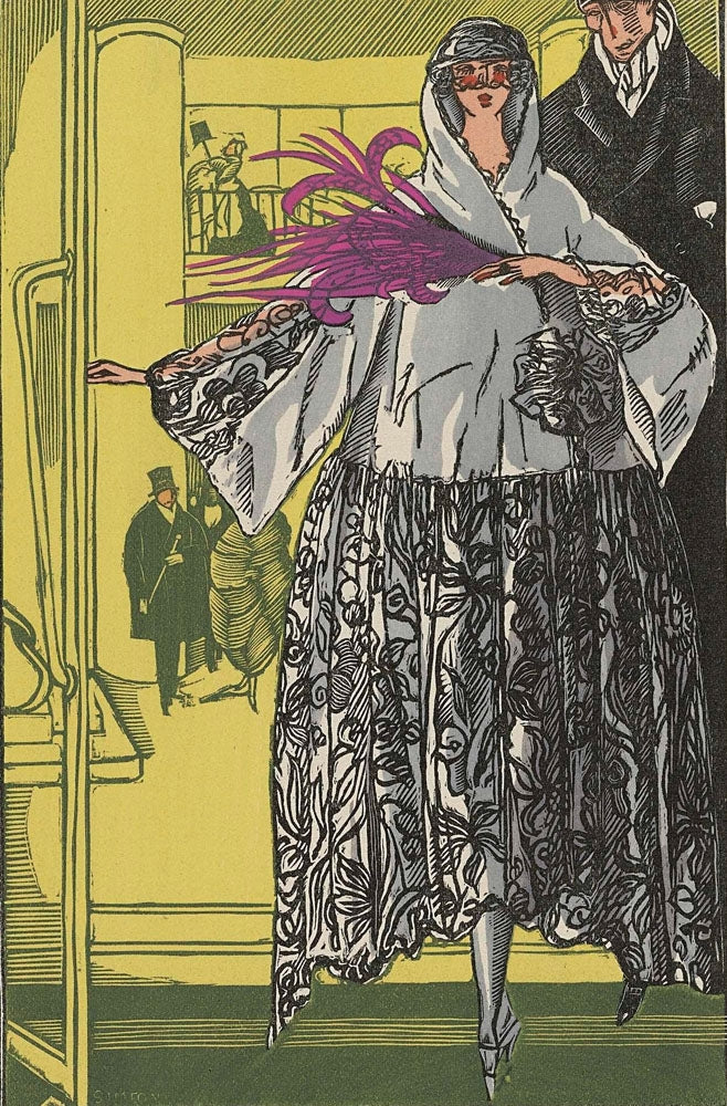 Gazette du Bon Ton, 1921 - No. 4, Pl. 25: Au bal noir et blanc / Manteau du soir - by Fernand Siméon