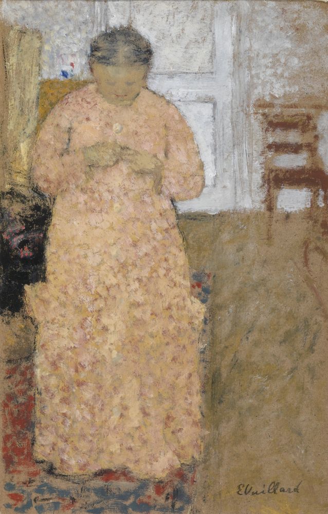 Knitting Woman in Pink Dress - by Édouard Vuillard