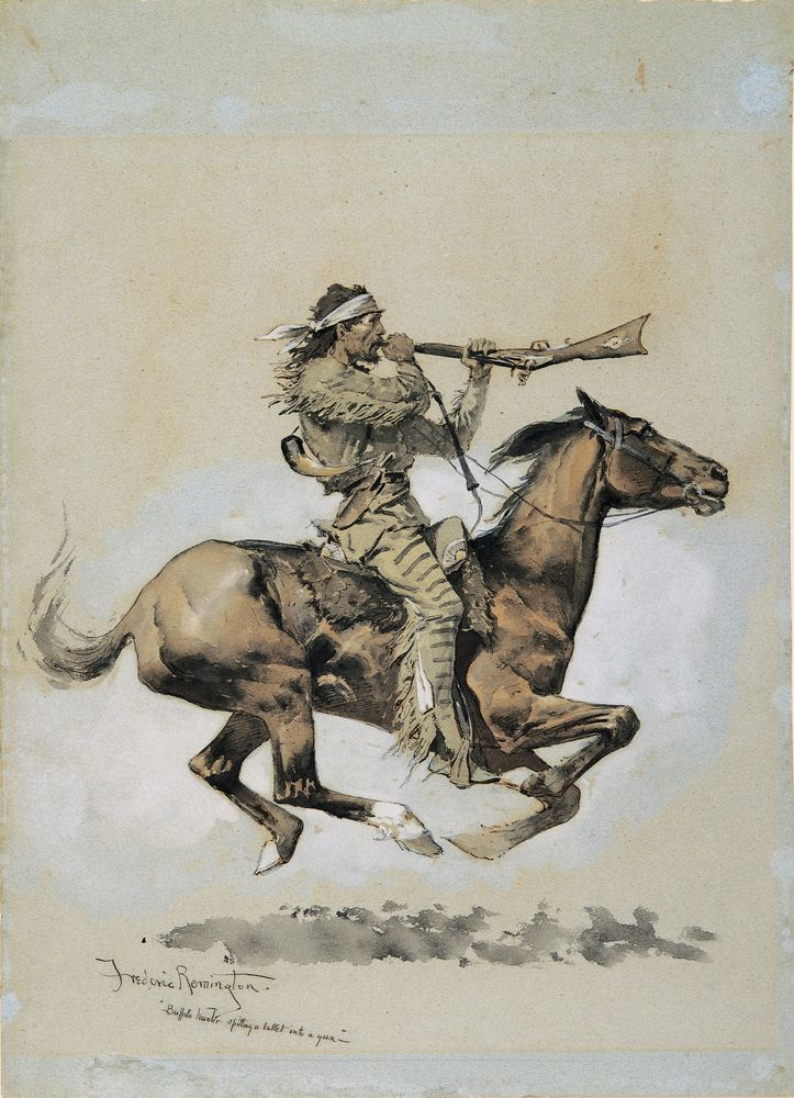 Buffalo Hunter Spitting a Bullet into a Gun - by Frederic Remington