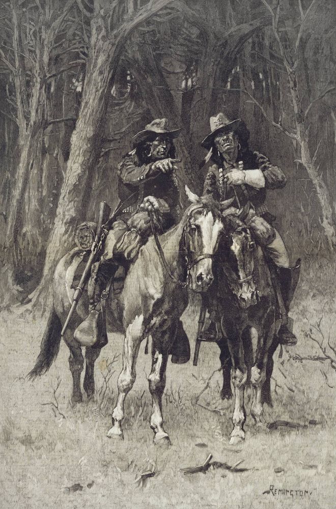 Cheyenne Scouts Patrolling the Big Timber of the North Canadian, Oklahoma - by Frederic Remington