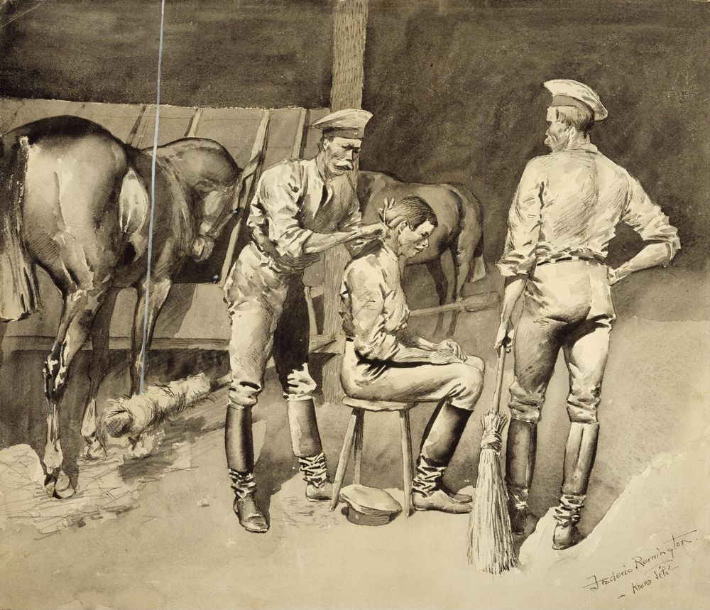 A Haircut in a Cavalry Stable - by Frederic Remington