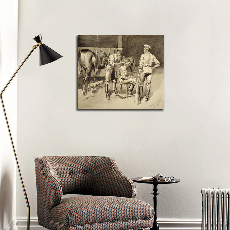 A Haircut in a Cavalry Stable - by Frederic Remington