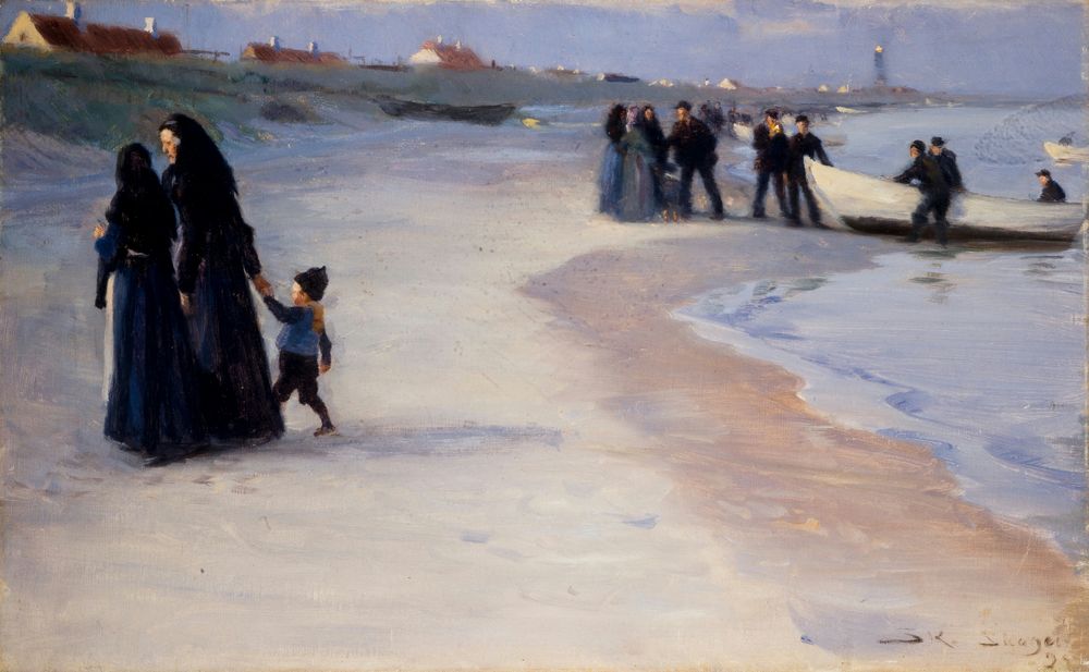 A white boat on the beach. Light summer evening - by Peder Severin Krøyer