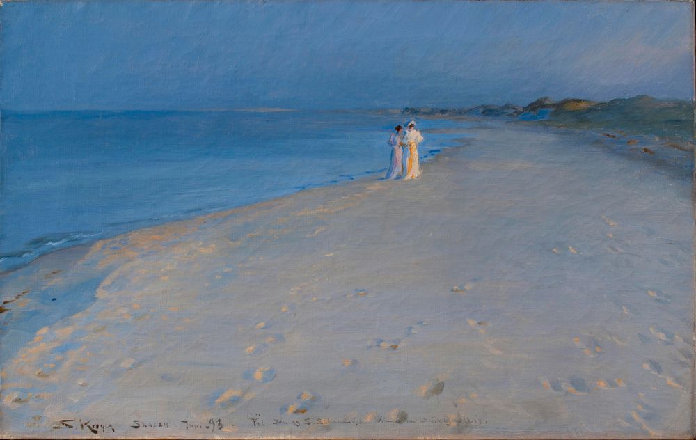 Summer evening at the South Beach, Skagen. Anna Acher and Marie Krøyer - by Peder Severin Krøyer