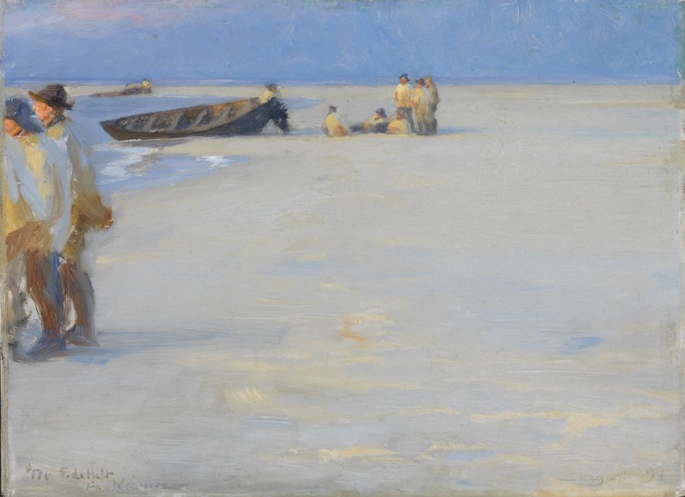 Fishermen on Skagen Nordstrand. Summer evening - by Peder Severin Krøyer