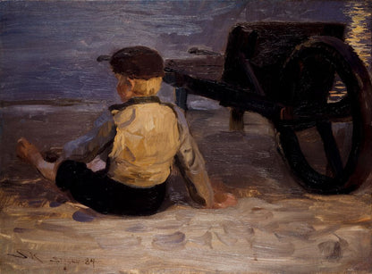 Fisher boy sitting beside a wheelbarrow. Skagen South Beach - by Peder Severin Krøyer