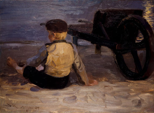 Fisher boy sitting beside a wheelbarrow. Skagen South Beach - by Peder Severin Krøyer