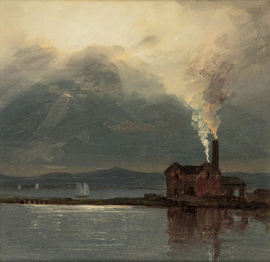 Hudson River with Factory by Moonlight - by Frederic Edwin Church