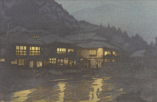 Cumulative process print showing key block plus 10 color blocks for printing of Evening in a Hot Spring - by Hiroshi Yoshida