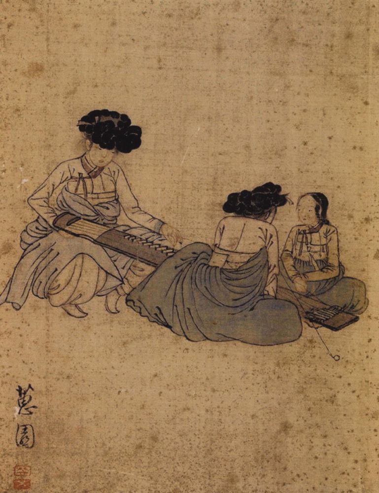 A Woman Tuning a Geomungo - by Sin Yun-bok