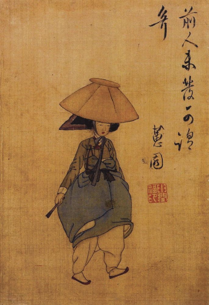 Woman Wearing Jeonmo (a conical hat) - by Sin Yun-bok