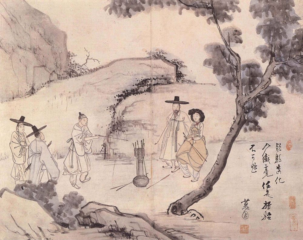 Playing Tuho, a Game of Throwing Sticks into a Large Canister - by Sin Yun-bok