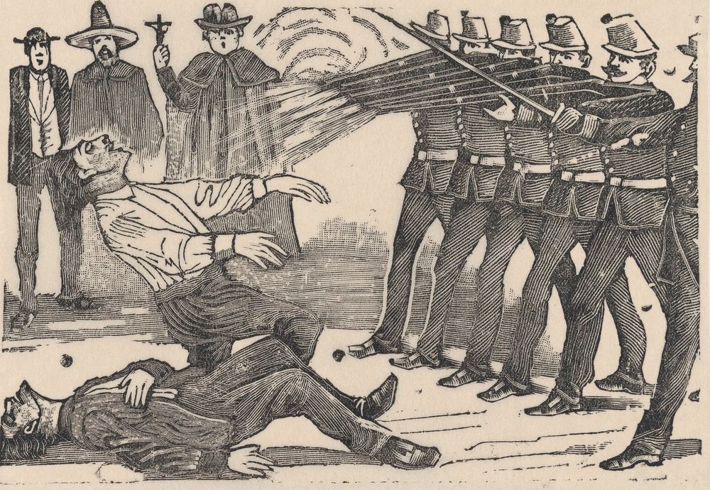 A firing squad executing two men, a priest and other figures in the background - by José Guadalupe Posada