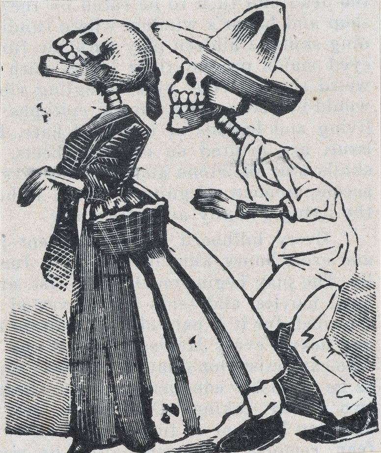 A male skeleton walking behind a female skeleton (vignette for the feast of the dead) - by José Guadalupe Posada