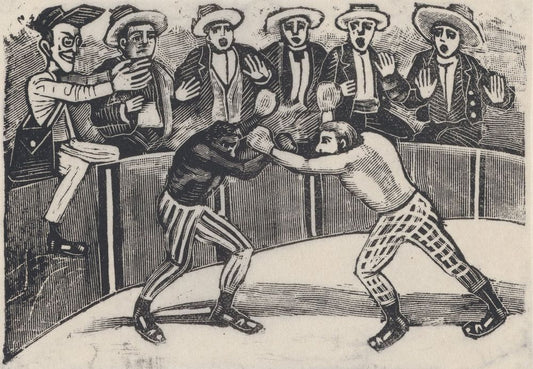 Don Chepito witnessing a boxing match between two men (one black, the other white) - by José Guadalupe Posada