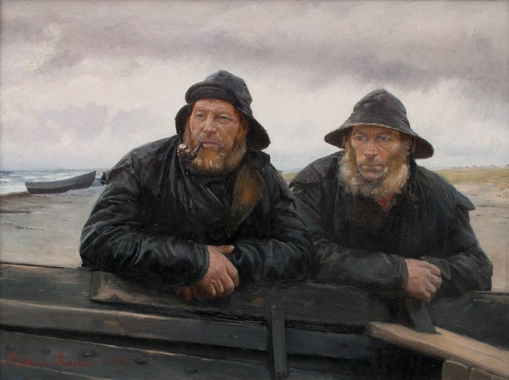 Two Fishermen by a boat - by Michael Ancher