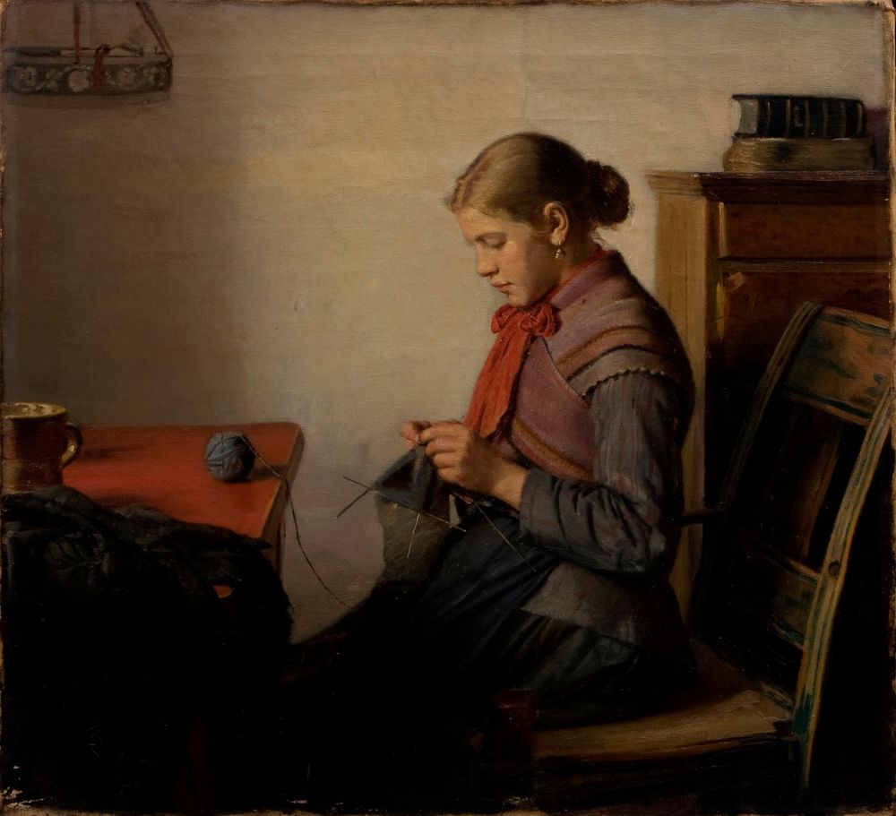 Skagen girl, Maren Sofie, knitting. - by Michael Ancher