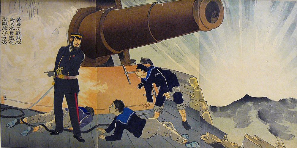 Scene from naval battles in the Sino-Japanese War - by Kobayashi Kiyochika