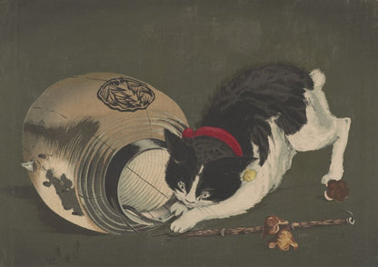 Cat with lantern - by Kobayashi Kiyochika