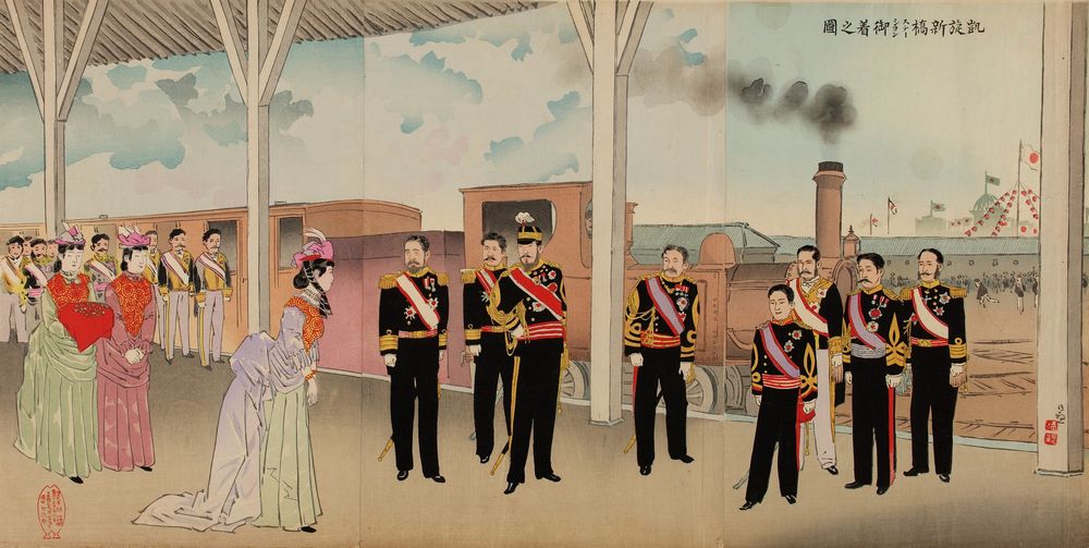 Arrival of the Imperial Prince at Shimbashi Station - by Kobayashi Kiyochika