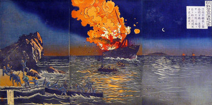 Scene from naval battles in the Sino-Japanese War - by Kobayashi Kiyochika