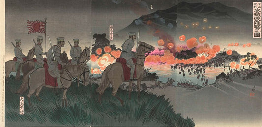 De heftige slag bij Asan, aanval via de Ansung rivier - by Kobayashi Kiyochika