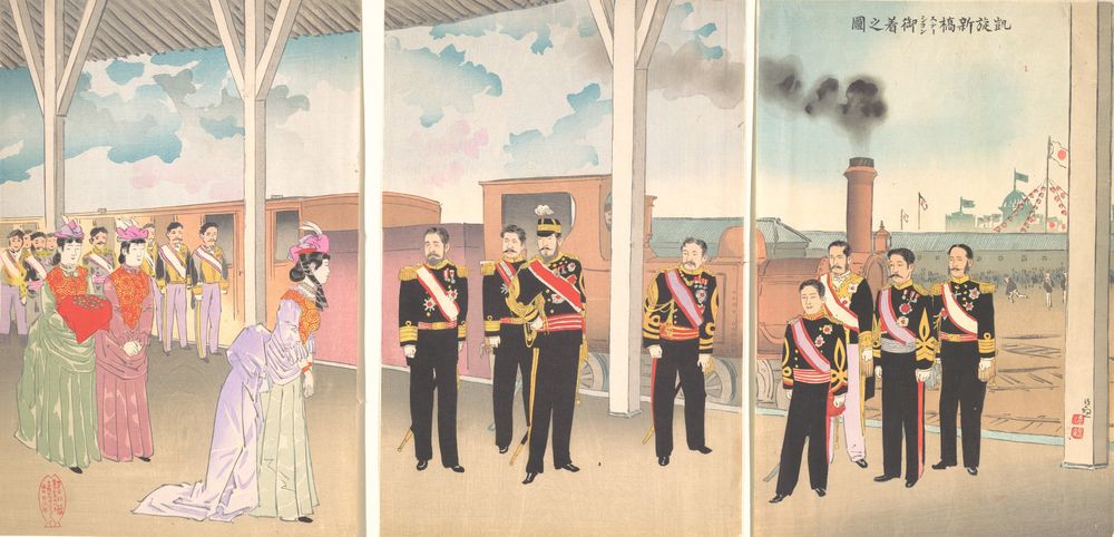 Illustration of the Arrival of the Emperor at Shinbashi Station Following a Victory - by Kobayashi Kiyochika