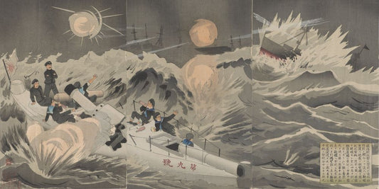 Our torpedo sinks the enemy warship Dingyuan at the Battle of Weihaiwei - by Kobayashi Kiyochika