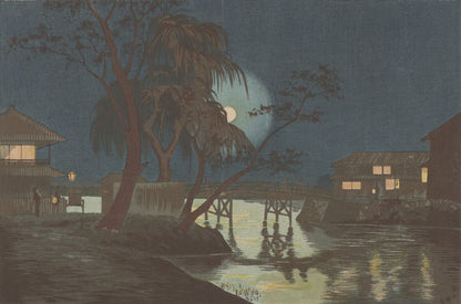 Tea House at Imadobashi by Moonlight - by Kobayashi Kiyochika