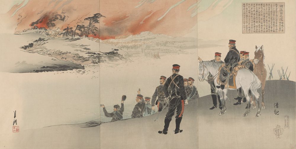 Gathering of eleven officers at the battle of Denshodai - by Kobayashi Kiyochika