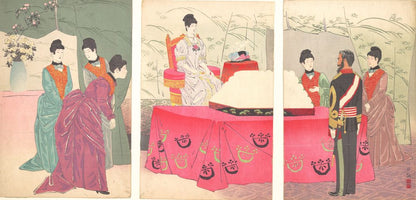 参謀本部行啓之図|Illustration of the  Empress Visiting the General Staff Headquarters [to present a tray of bandages]  (Sanbō honbu gyōkei no zu) - by Kobayashi Kiyochika