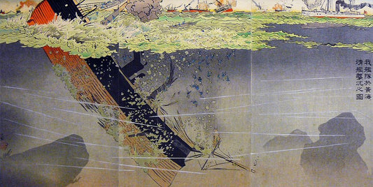 Scene from naval battles in the Sino-Japanese War - by Kobayashi Kiyochika