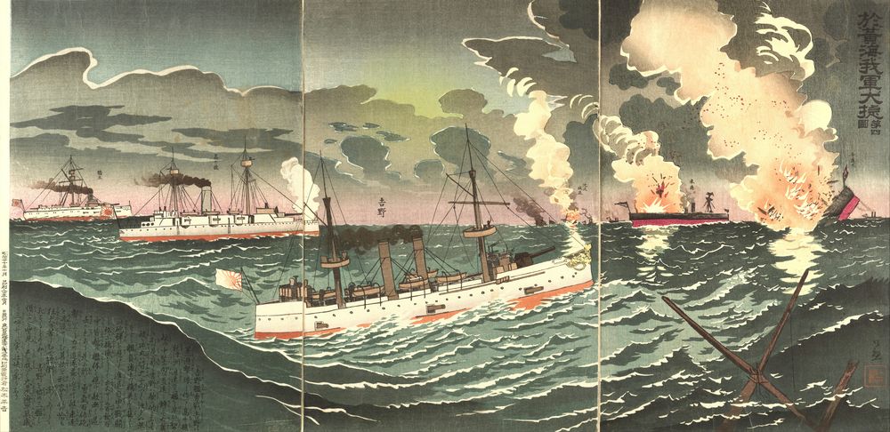 Popular woodcut scene from naval battles of the Sino-Japanese War, Scene 4 - by Kobayashi Kiyochika