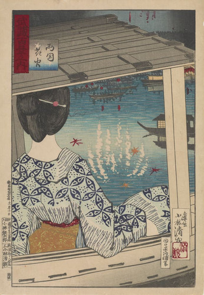 Fireworks at Ryogoku, from the series One Hundred Views of Musashi - by Kobayashi Kiyochika