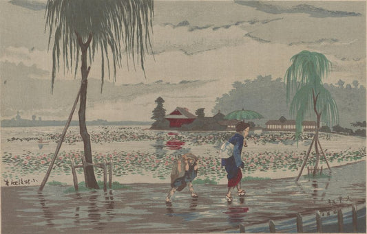 Along Shinobazu Pond in the Rain - by Kobayashi Kiyochika