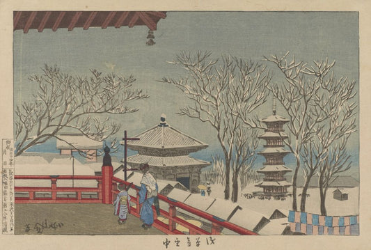 Asakusa Temple in Snow - by Kobayashi Kiyochika