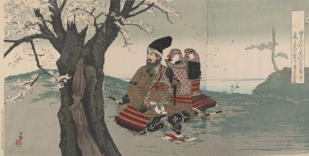 Taira no Tadanori under the cherry tree - by Kobayashi Kiyochika